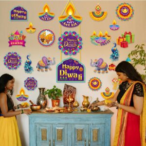 25 Pcs Diwali Hanging Decorations - Diwali Cutout Decor Diwali Sign Diwali Happy Decorations Indian Peacock Hanging Sign Deepawali Sign Diwali Decorations Home Wall Plaque Holiday Festival of Lights