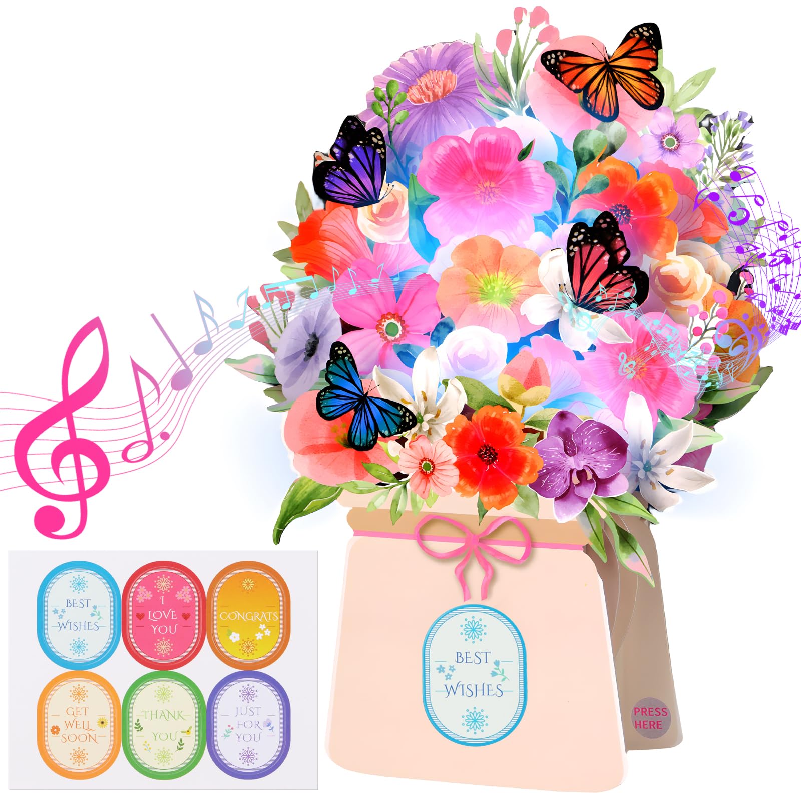 LIGHTS & MUSIC DIY Pop Up Cards, THANK YOU, BEST WISH, CONGRATS, GET WELL SOON, JUST FOR YOU, I LOVE YOU, 10'' Lily and Butterflies Flower Bouquet 3D Greeting Cards for Women Wife Mom Sister Friend