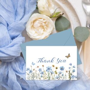 Whaline 24Pcs Blue Wildflower Thank You Cards with Envelopes and Stickers Dusty Blue Flower Greeting Cards Floral Blank Note Cards for Wedding Bridal Baby Shower