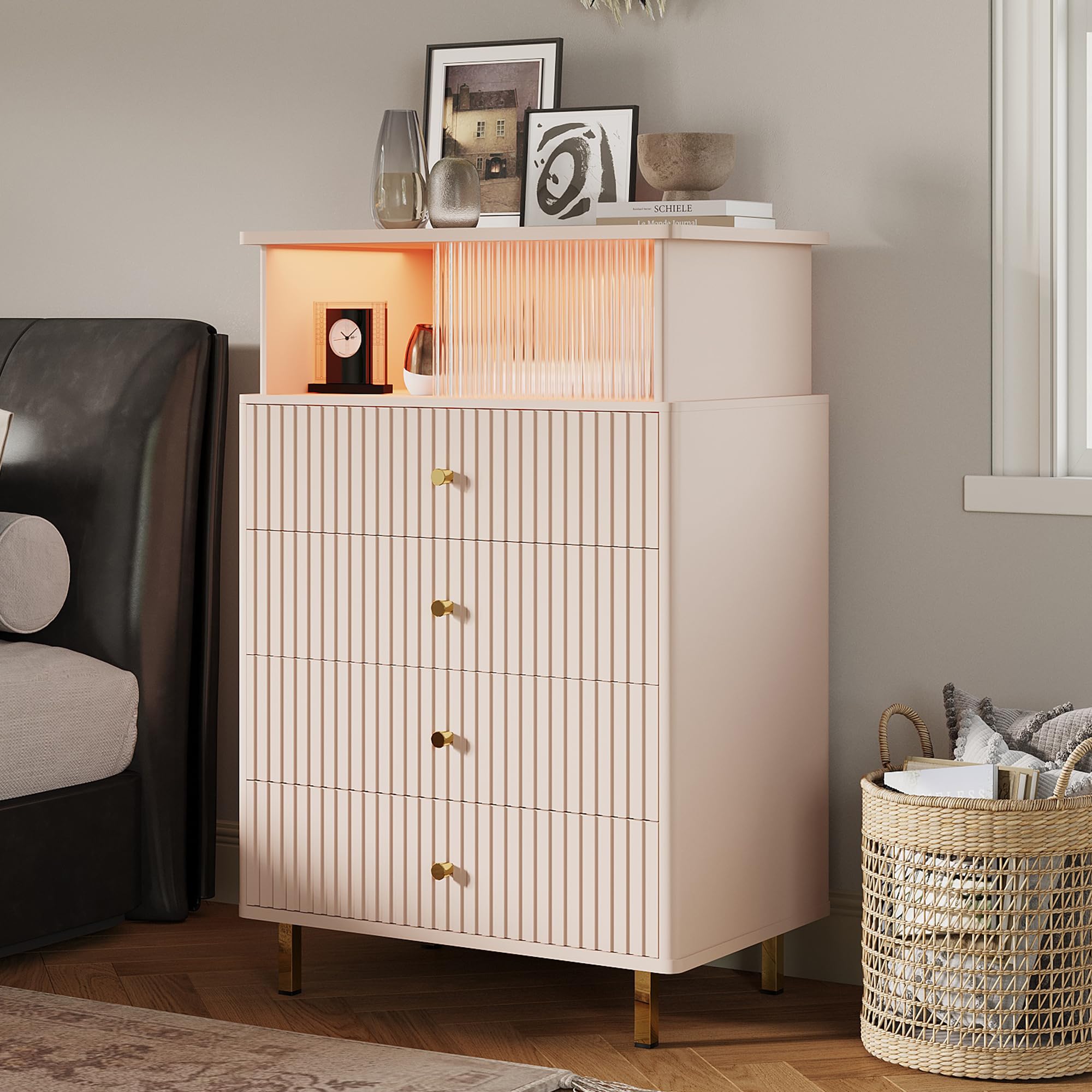 ChooChoo Dresser for Bedroom with Large Capacity, 4 Drawer Dresser with LED and Acrylic, Modern White and Gold Dresser Tall, Chest of Drawers with Storage Space for Hallway, Entryway (Pink)