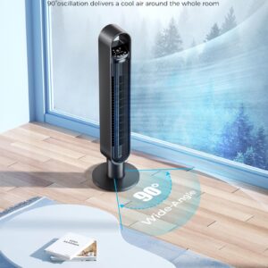 Azonanor Tower Fan for Bedroom, 90° Oscillating Standing Bladeless Fan with Remote, 12H Timer, 3 Speeds Max 28ft/s, 3 Modes, LED Display Floor Fans Works with Tuya/Smart Lift