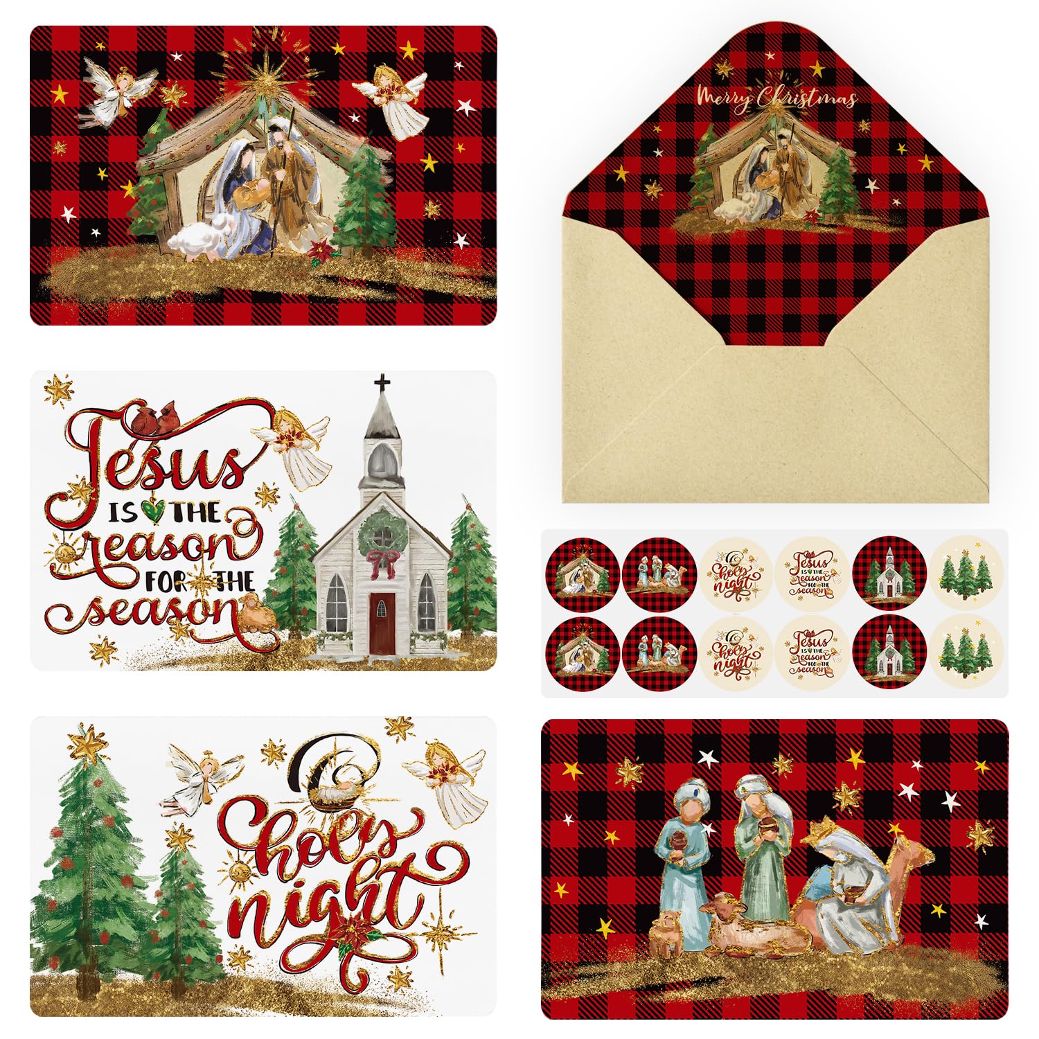 Artoid Mode 36 Pack Angels Cabin Christmas Thank You Cards Church Xmas Tree Greeting Cards Gift With Envelope Sticker Blank Note Cards for Birthday Wedding Baby Shower Bridal Shower, 4 x 6 Inch