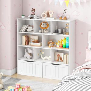 Toy Storage Organizer with Bookshelf, Large Toy Organizers and Storage 2 Movable Drawers with Hidden Wheels and 8 Storage Cubbies, Kids Bookshelf and Toy Storage Chest, Playroom Furniture, White