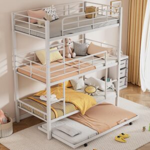 Harper & Bright Designs White Triple Bunk Bed with Trundle, Twin Over Twin Bunk Beds, Metal Quad Bunk Beds, 3 Bunk Beds with 2 Ladders & Guardrails, Convertible Heavy Duty Steel Frame