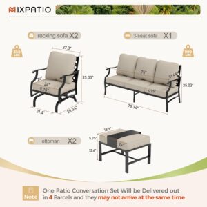 MIXPATIO Patio Furniture Set 5 pcs, Outdoor Patio Furniture Set, 3-Seat Sofa, 2 Rocking Chairs, 2 Ottomans and 5.75" Extra Thick Cushion, Patio Conversation Set for Backyard Deck,Beige