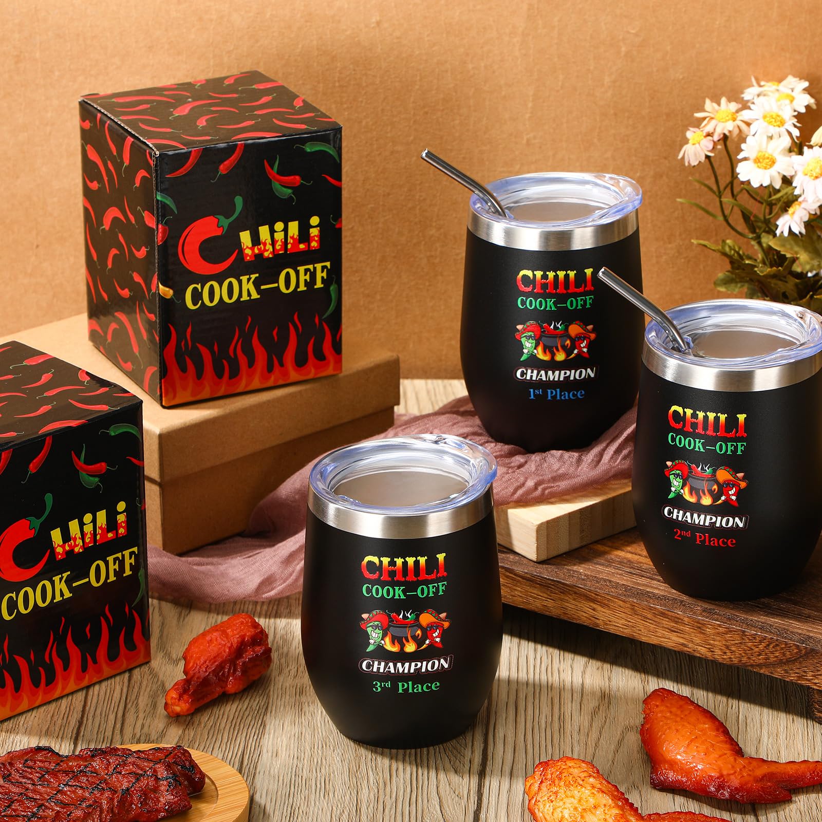 Didaey 3 Pcs Chili Cook off Prizes 1st 2nd 3rd Place Trophies Cups 12 oz Stainless Steel Insulated Tumbler with Lids Straws Brush and Gift Boxes for Chili Cook Off Events Christmas Cook Lovers Gift