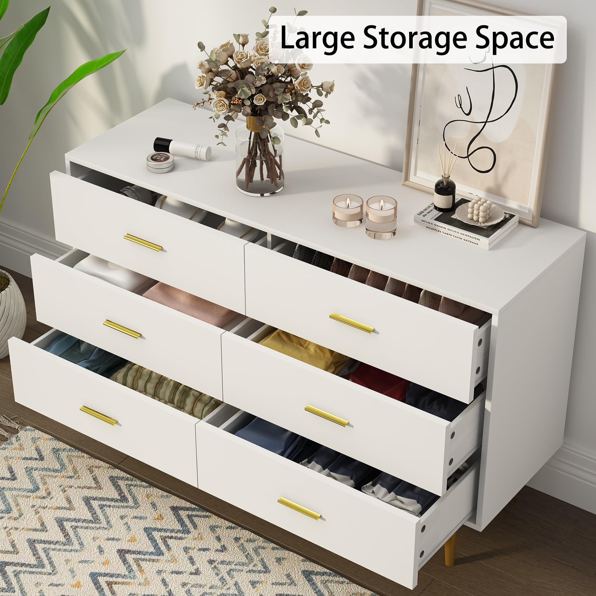 White Dresser for Bedroom, 6 Drawer Wood Dresser with Golden Handles, Modern Dressers & Chests of Storage Drawer for Entryway Hallway