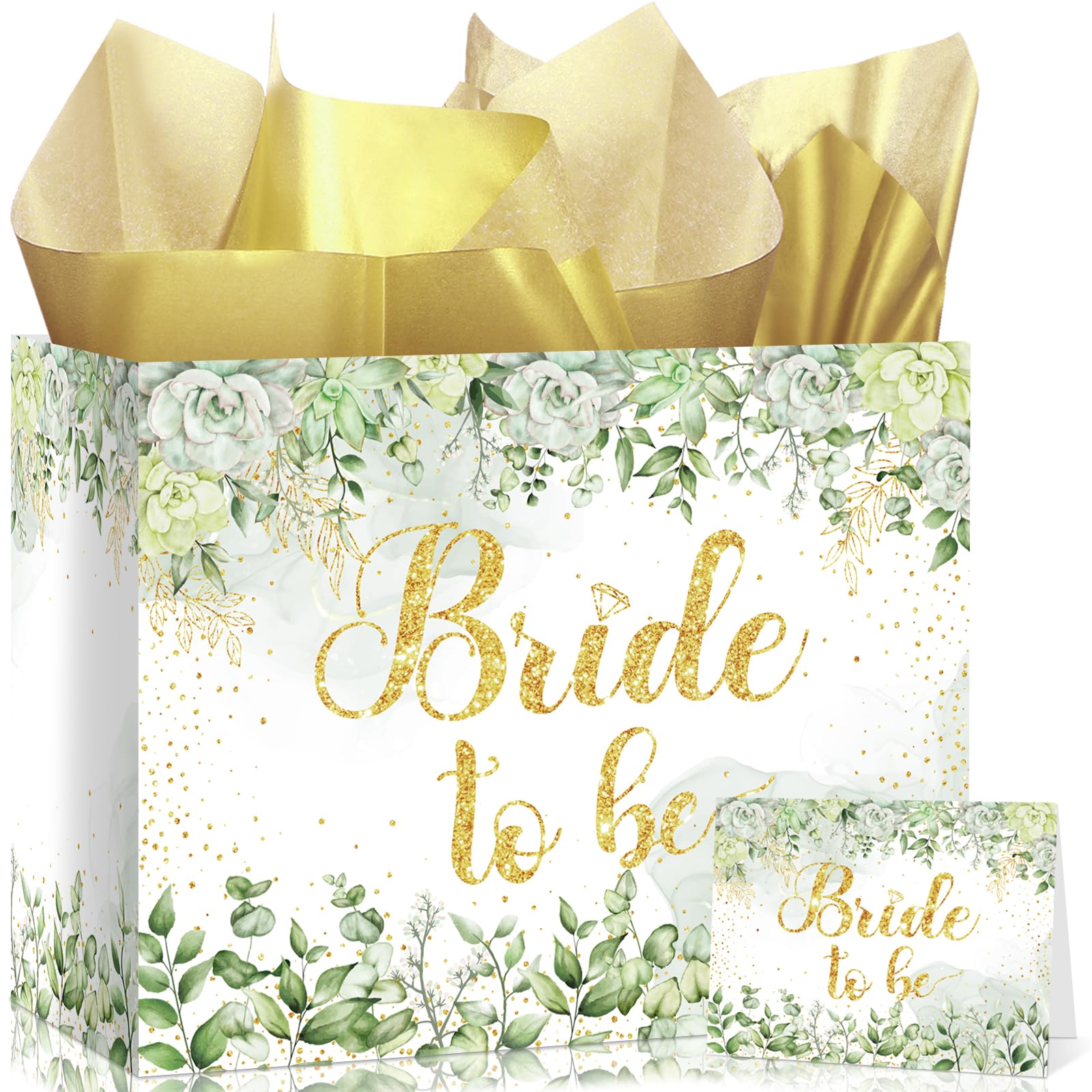 Bride Gift Bag Sage Green Bridal Shower Gift Bags with Cards Tissue Paper Large Bridal Gift Wrapping Bag Bachelorette Engagement Wedding Shower Gift Bag for Sage Green Christmas Bride to Be Party Decoration