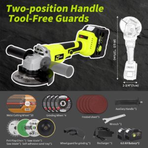 Cordless Angle Grinder Set, 2x 6.0 AH Batteries,21V Power Angle Grinder Tools,10000 RPM Brushless Electric Grinder with 10-5" Cutting Wheel, Flap Wheel, Wool Carving Wheel for Cutting & Grinding