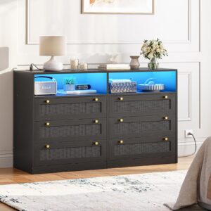 hoobro 6 drawer dresser with led lights and charging station, black rattan dresser for bedroom, rattan chest of drawers,15.7" wide led dresser, with open storage, wooden dresser for closet, black