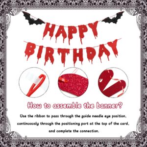 Red Glittery Happy Birthday Halloween Banner Halloween Hanging Paper Garland Bunting Banner Photo Backdrop Halloween Bloody Horror Movie Themed Birthday Party Decorations Supplies