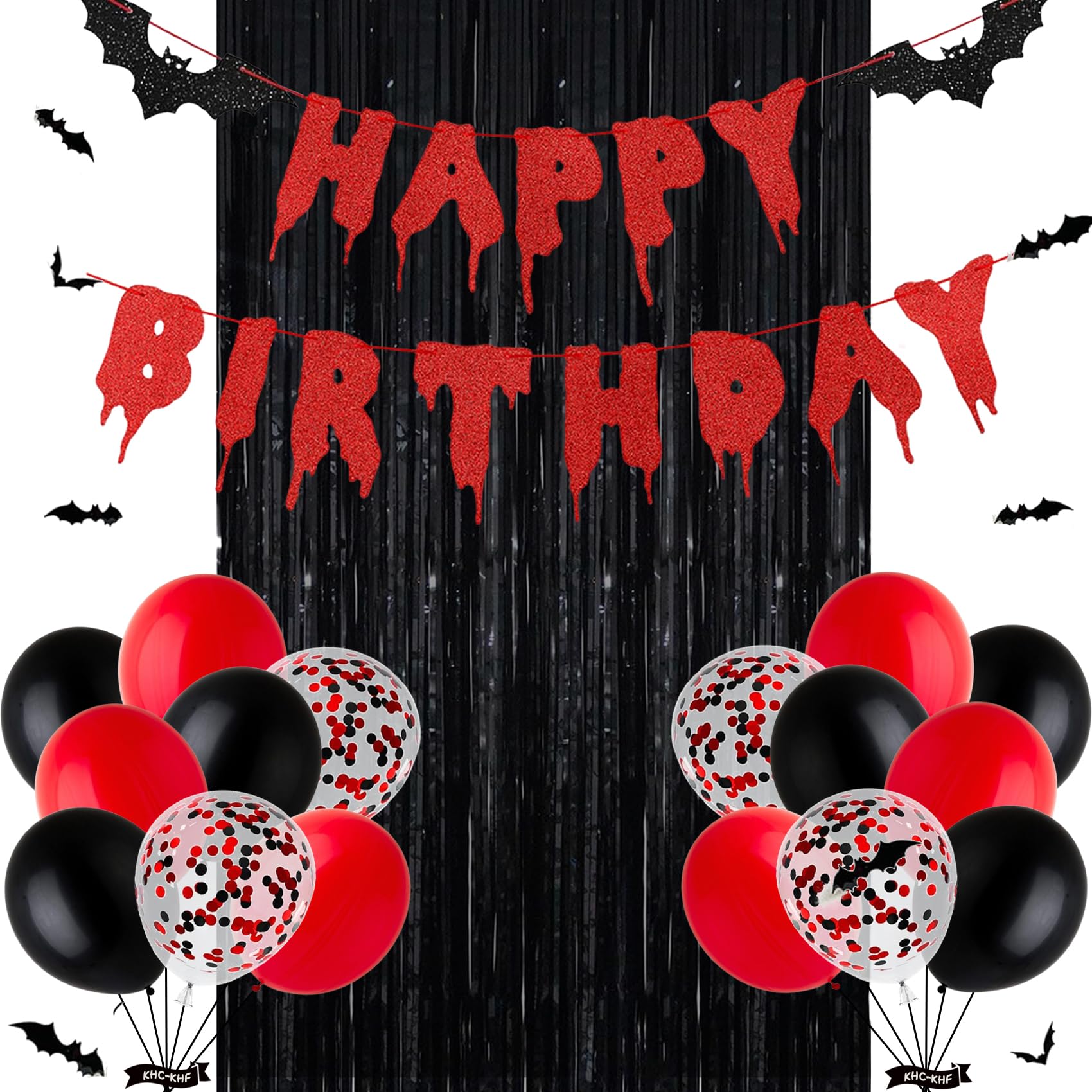 Red Black Happy Birthday Glittery Halloween Banner Black Foil Curtains Backdrop 3D Bat Sticker Latex Balloons Confetti Balloon for Birthday Party Decoration Halloween Party Supplies