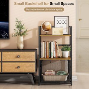 ThreeHio Small Bookshelf with Sliding Drawer, 3-Tier Small Shelf for Small Spaces Rustic Brown, Short Bookcase Industrial Book Shelf Storage Organizer for Living Room, Bedroom, and Home Office