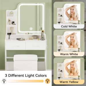 LIKIMIO Makeup Vanity Desk with Mirror and Lights, Vanity Table Set with Storage Drawer, Chair and Three Shelves, White