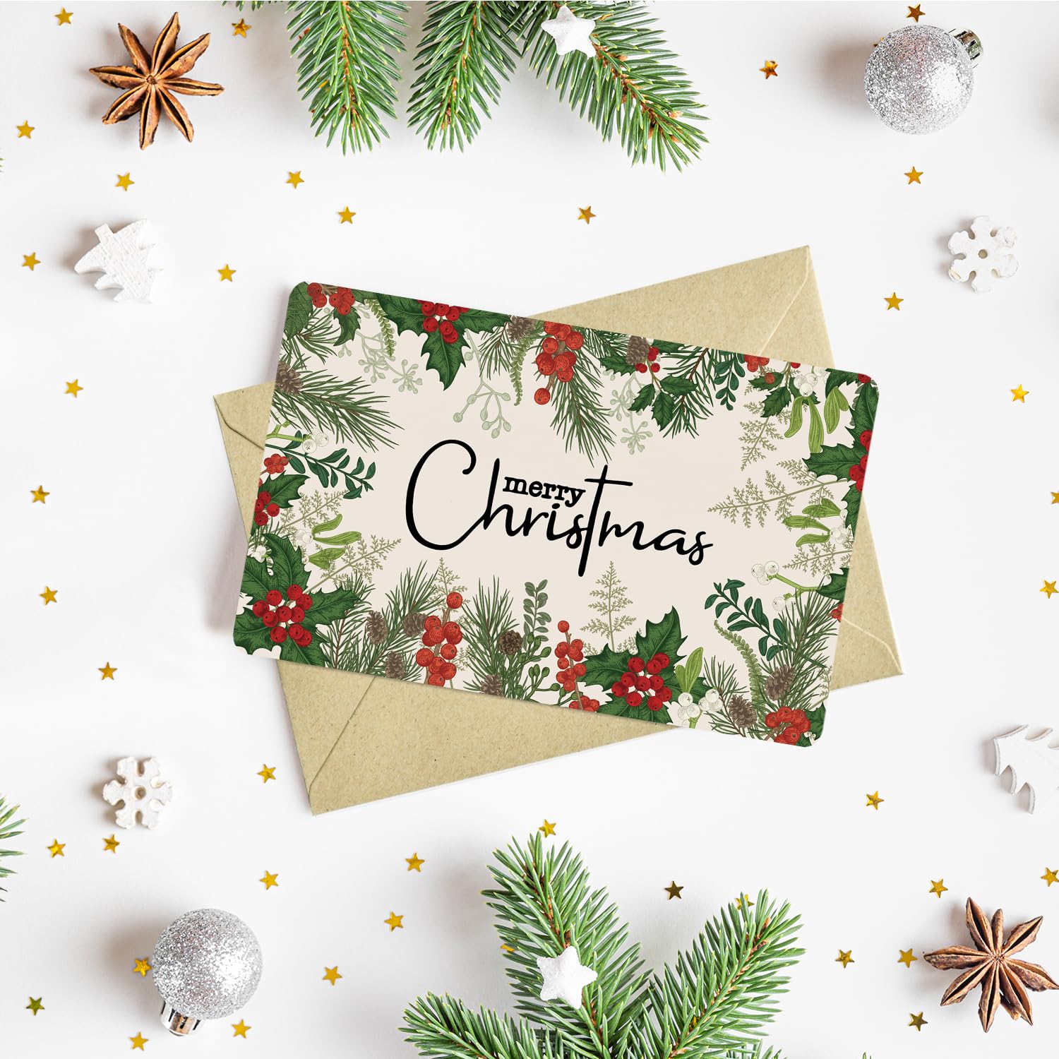 Artoid Mode 24 Pack Merry Christmas Thank You Cards Plant Holly Greeting Cards Gift With Envelope Sticker Blank Note Cards for Birthday Wedding Baby Shower Bridal Shower, 4 x 6 Inch