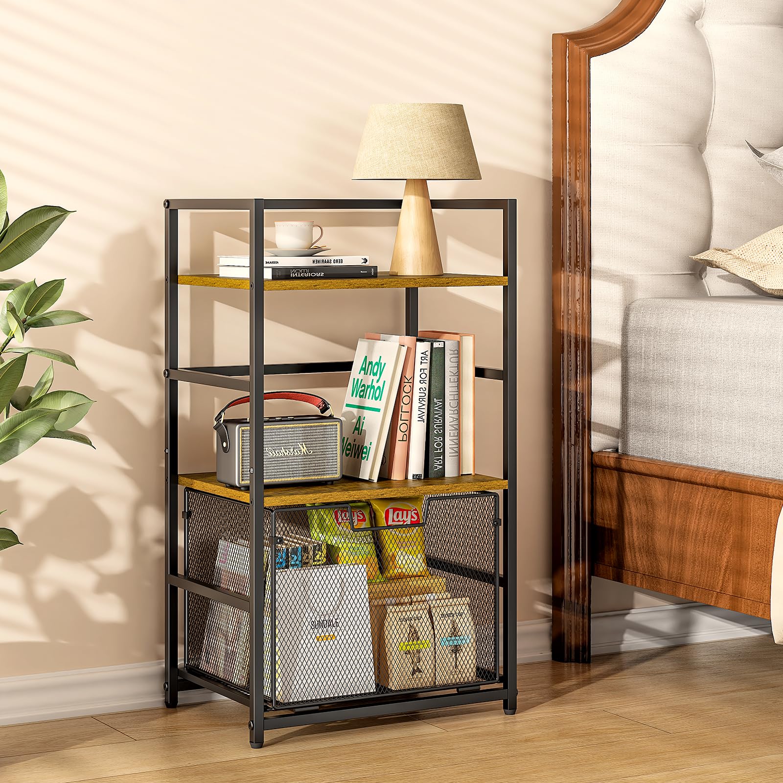 ThreeHio Small Bookshelf with Sliding Drawer, 3-Tier Small Shelf for Small Spaces Rustic Brown, Short Bookcase Industrial Book Shelf Storage Organizer for Living Room, Bedroom, and Home Office