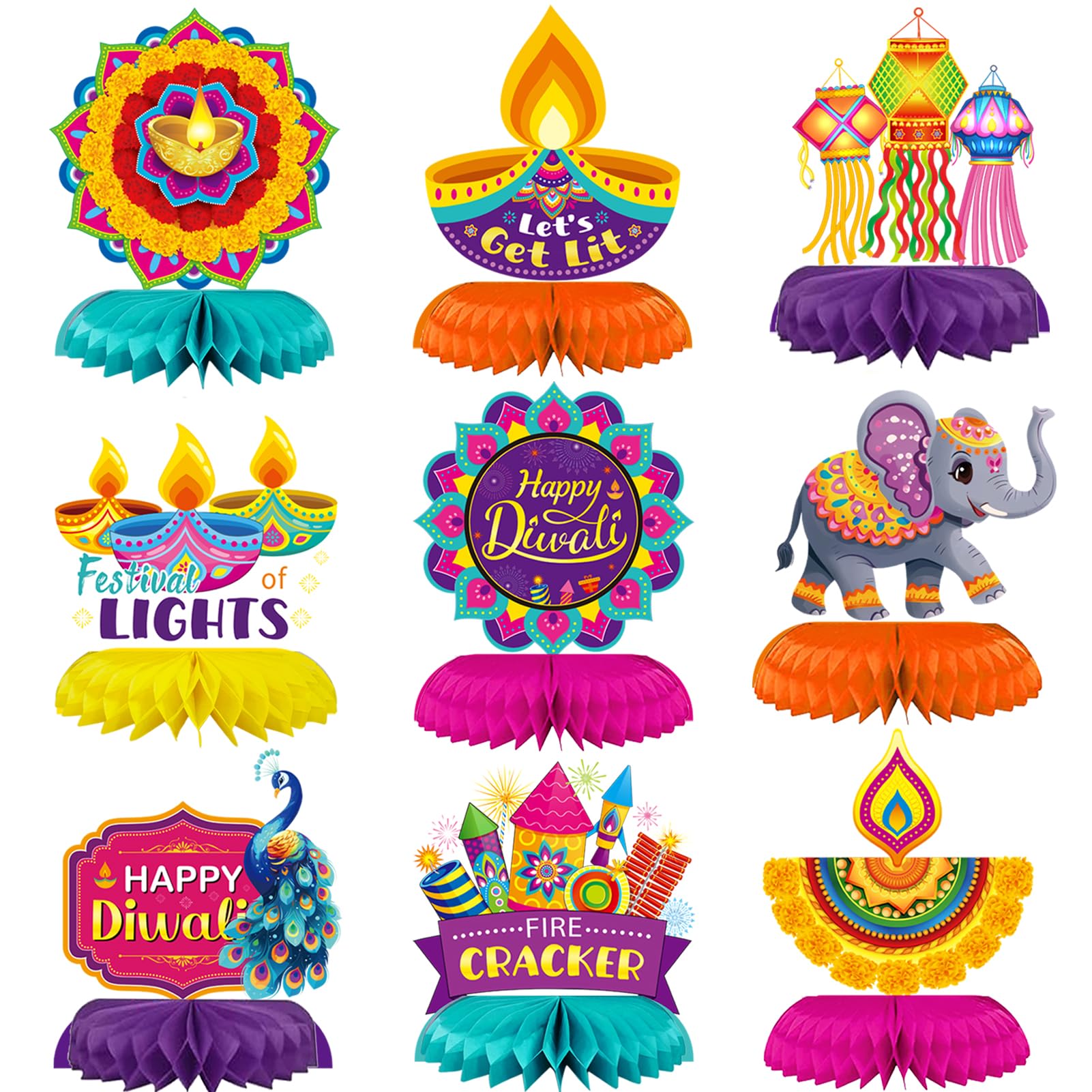 9 Pieces Diwali Honeycomb Ornaments - Diwali Party Decorations Demon Slayer Table Centerpieces Tabletop Decorations Diwali Happy Decorations for Indian Diwali Home Rangoli Party Decorations