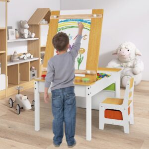 TODEFULL Kids Art Table and Chairs Set, 2 in 1 Kids Art Table, Wooden Activity Table with 2 Chairs, 8 Storage Canvas Bins, 6 Paint Cups and Paper Roll, Large Storage Desk for Writing Drawing, Natural