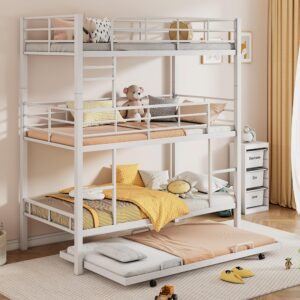 harper & bright designs white triple bunk bed with trundle, twin over twin bunk beds, metal quad bunk beds, 3 bunk beds with 2 ladders & guardrails, convertible heavy duty steel frame