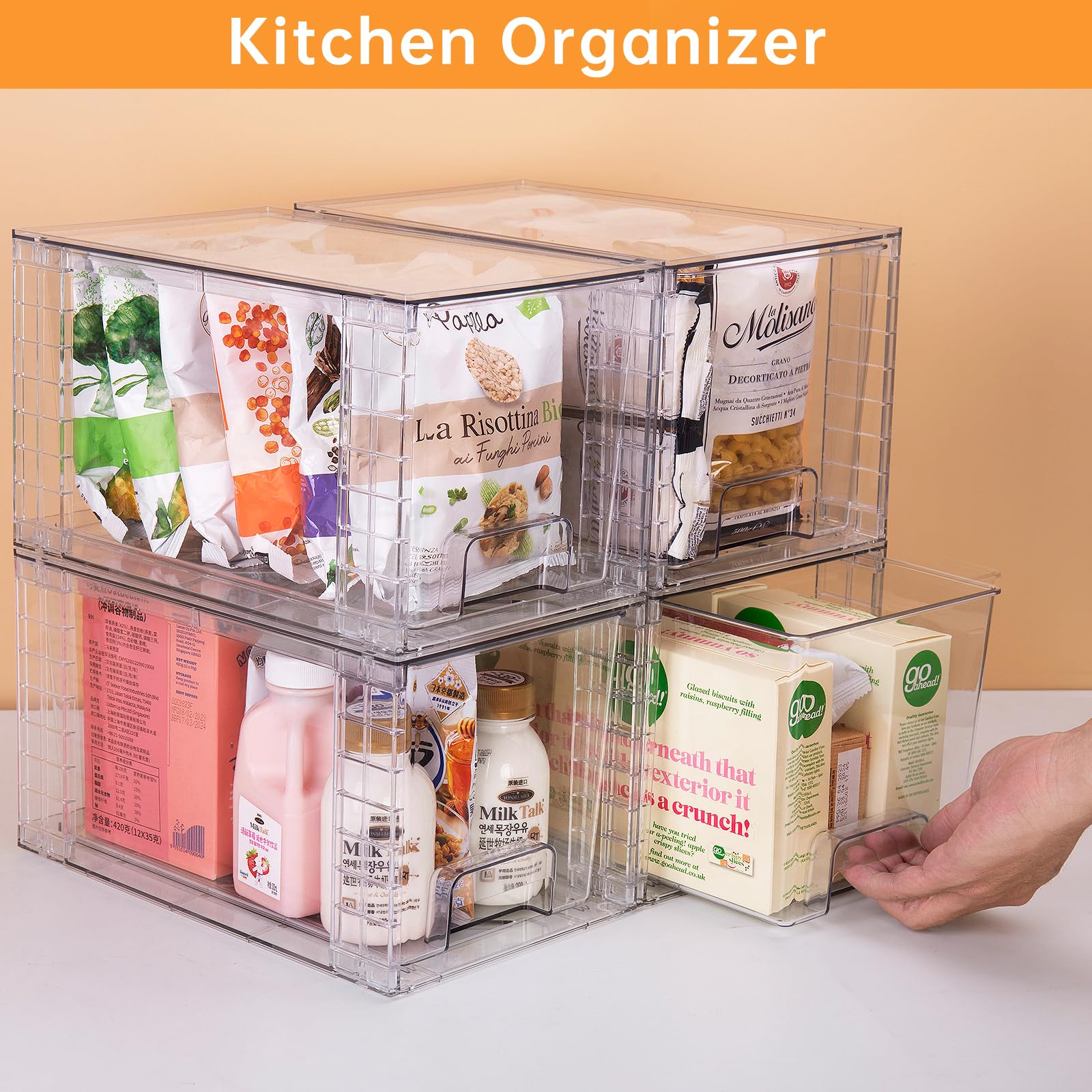 Zero Zoo 4 Pack Large Stackable Storage Drawers,Clear Acrylic Drawer Organizers with Handles, Easily Assemble for Kitchen Undersink,Bathroom,Cabinet,Makeup,Closet,Pantry,Organization and Storage