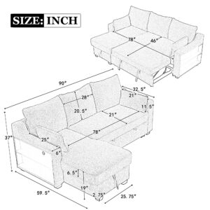 LUMISOL 90" Convertible L Shaped Sofa with Pull Out Bed, Chenille Sectional Sofa Bed with Reversible Chaise, Convertible Sleeper Sofa Couch with USB Ports and Cabinet Armrests, Beige