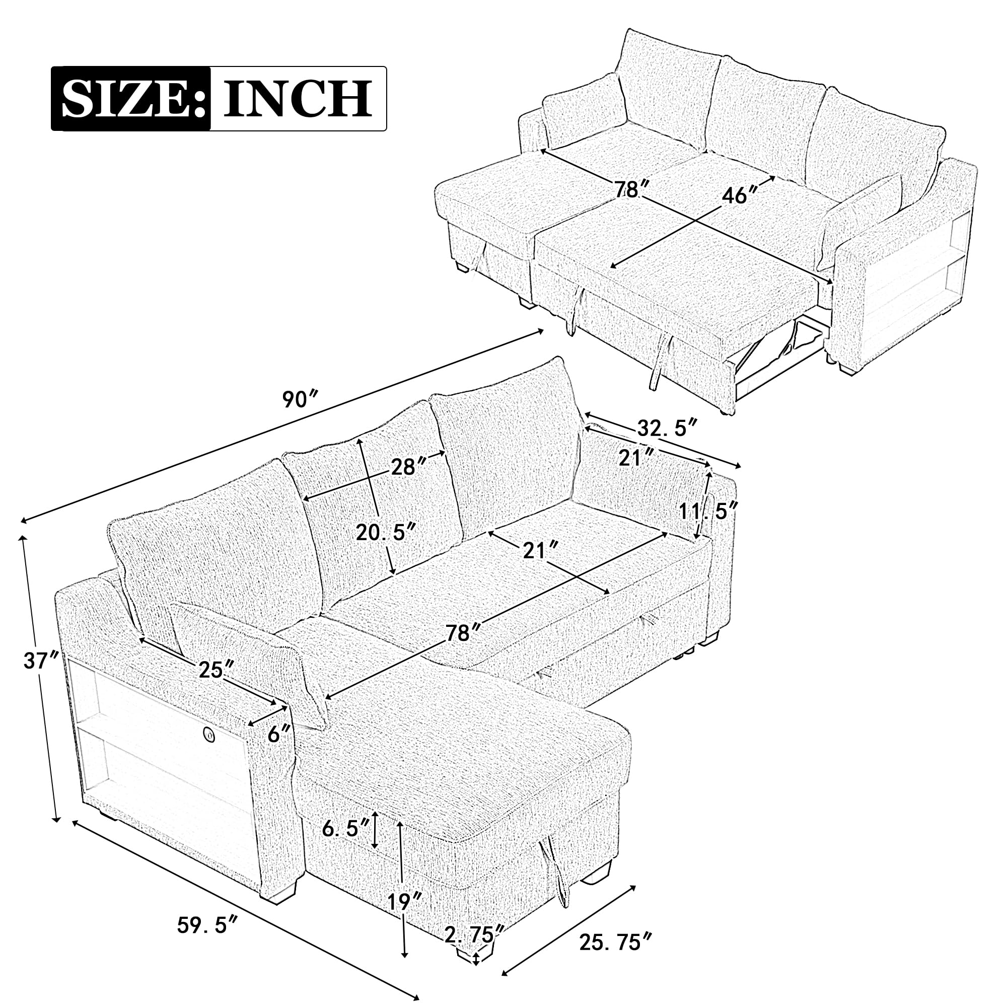 LUMISOL 90" Convertible L Shaped Sofa with Pull Out Bed, Chenille Sectional Sofa Bed with Reversible Chaise, Convertible Sleeper Sofa Couch with USB Ports and Cabinet Armrests, Beige