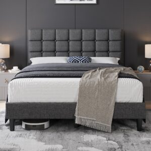 yaheetech upholstered bed frame, modern queen bed platform with square stitched&button tufting headboard height adjustable, wooden slats support, no box spring needed, queen size, dark grey