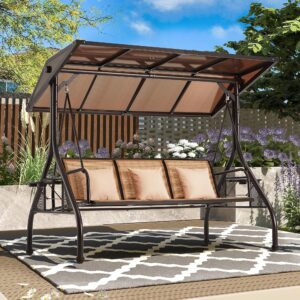 RYNSTO Outdoor Porch Swing with Adjustable Hardtop, Backrest, 3-Person Patio Canopy Swing Textilene Bed with Side Cup Holder, Pillow for Garden, Deck, Back Yard, Lawn (Brown)