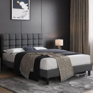 Yaheetech Upholstered Bed Frame, Modern Queen Bed Platform with Square Stitched&Button Tufting Headboard Height Adjustable, Wooden Slats Support, No Box Spring Needed, Queen Size, Dark Grey