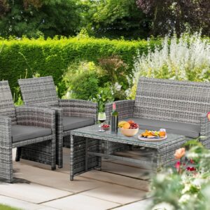 Shintenchi 4-Piece Outdoor Gray Wicker Patio Conversation Furniture Set, Rattan Patio Furniture Set with Weather Resistant Cushions and Tempered Glass Tabletop,Grey