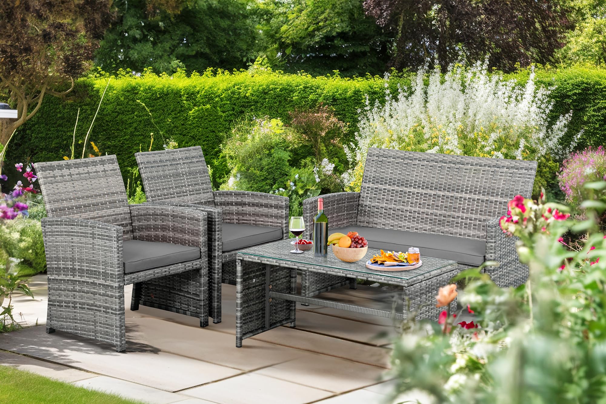 Shintenchi 4-Piece Outdoor Gray Wicker Patio Conversation Furniture Set, Rattan Patio Furniture Set with Weather Resistant Cushions and Tempered Glass Tabletop,Grey