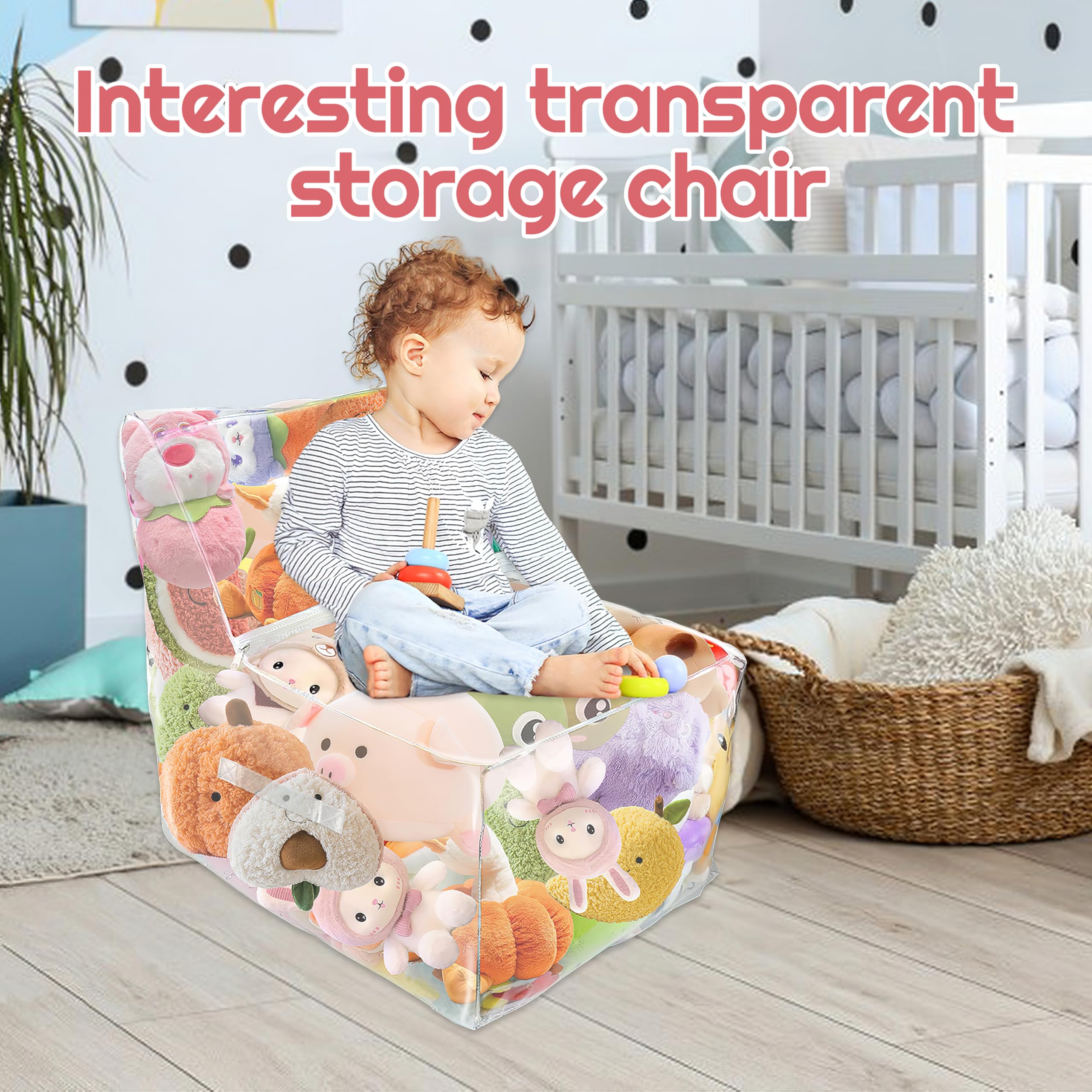 Large Clear Stuffed Animal Bean Bag Chair Cover, Waterproof Stuffable Zipper Chair Cover, Durable PVC Soft Plush Toys Storage, Suitable for Bedroom Nursery Play Room Decor, Easy to Clean