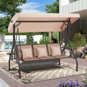 rynsto outdoor porch swing with adjustable canopy, backrest, 3-person patio canopy swing textilene bed with side cup holder, pillow for garden, deck, back yard, lawn (brown)