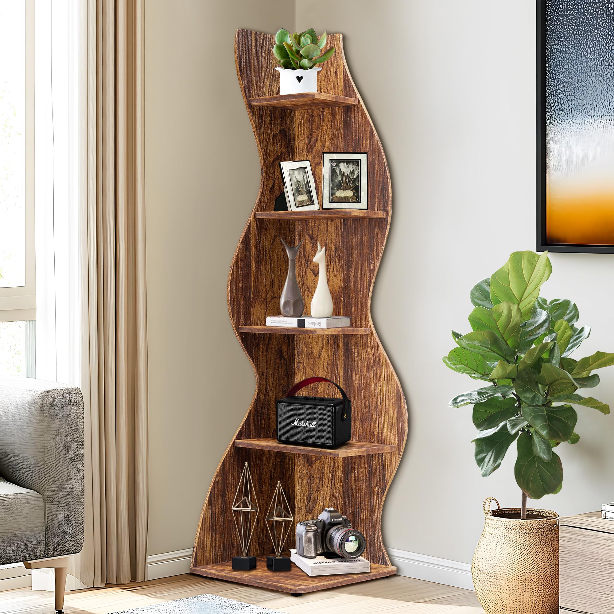 NicBex 5-Tier Corner Shelf,69.88IN Tall Corner Storage Cabinet,Rustic Display Rack Multipurpose Bookshelf,Narrow Corner Bookcase for Wall Corner,Home Office,Living Room, Bedroom,Rustic Brown