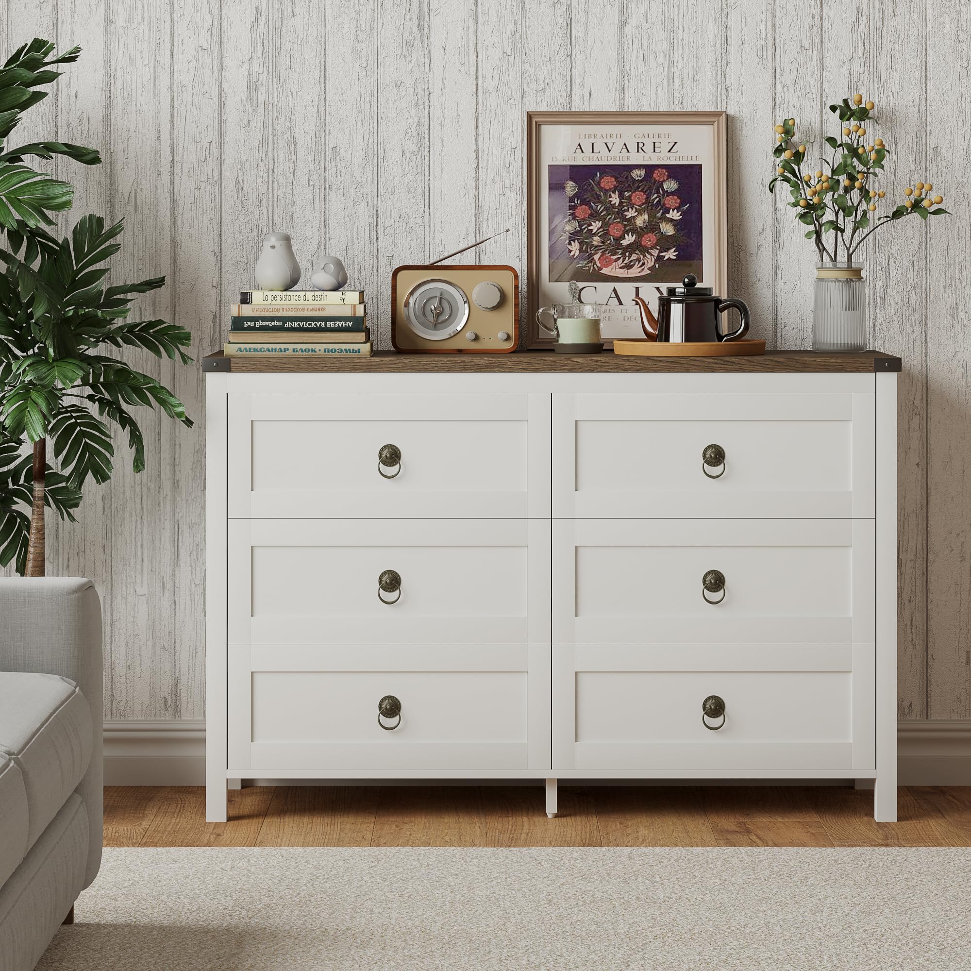 ChooChoo Farmhouse 6 Drawer Dresser, White Dresser for Bedroom, Wide Dressers & Chests of Drawers for Entryway, Hallway