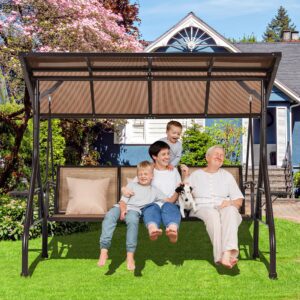 RYNSTO Outdoor Porch Swing with Adjustable Hardtop, Backrest, 3-Person Patio Canopy Swing Textilene Bed with Side Cup Holder, Pillow for Garden, Deck, Back Yard, Lawn (Brown)