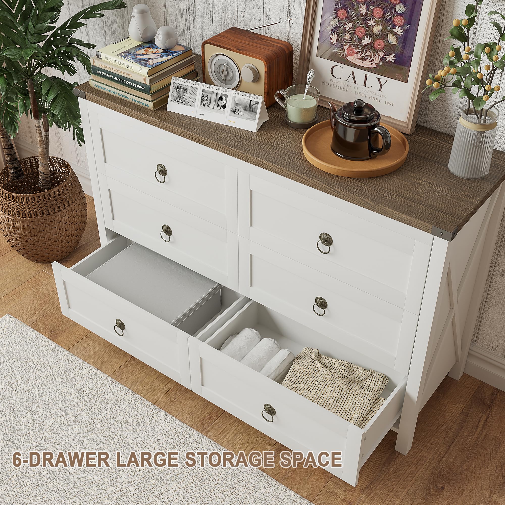 ChooChoo Farmhouse 6 Drawer Dresser, White Dresser for Bedroom, Wide Dressers & Chests of Drawers for Entryway, Hallway