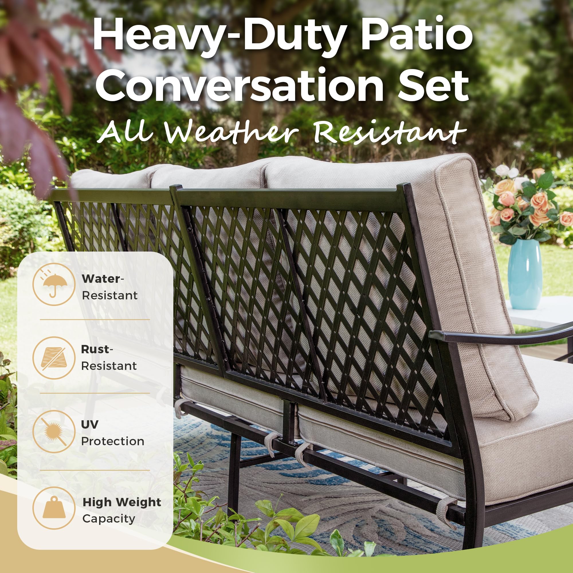 MIXPATIO Patio Furniture Set 5 pcs, Outdoor Patio Furniture Set, 3-Seat Sofa, 2 Rocking Chairs, 2 Ottomans and 5.75" Extra Thick Cushion, Patio Conversation Set for Backyard Deck,Beige