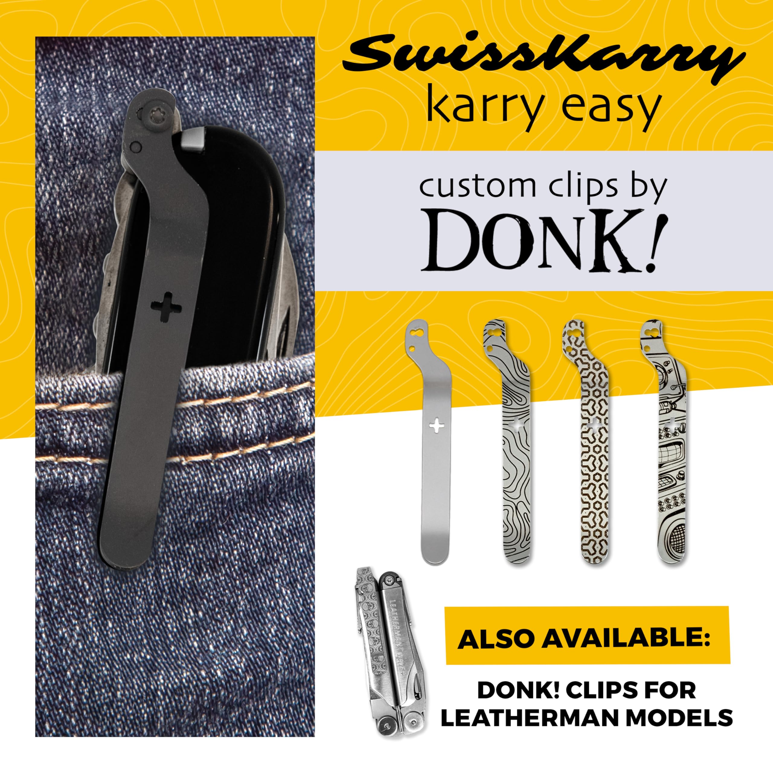 SwissKarry Clip Compatible with 91mm Victorinox Swiss Army Knife Models. 5 Custom Designs for a Personalised Pocket Knife. Be Ready for the Unexpected. Stainless Steel Tough. ‘Void Black’