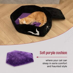 Littlesy Gothic Cat Bed with Purple Cushion - Coffin Cat Bed Ideal as Halloween Cat Bed, Perfect Goth Cat Bed in Black and Purple for Gothic-Themed Homes