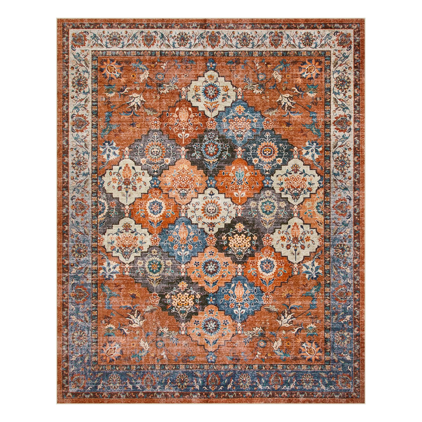 Moynesa Moroccan 8x10 Area Rug, Washable Rugs for Living Room, Bohemian Soft Large Bedroom Rug, Non Shedding Low Pile Floor Carpet for Dining Room Office Decor, Rust