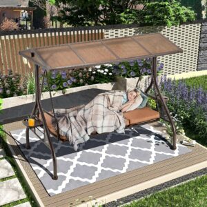 rynsto outdoor porch swing with adjustable hardtop, backrest, 3-person patio canopy swing textilene bed with side cup holder, pillow for garden, deck, back yard, lawn (brown)