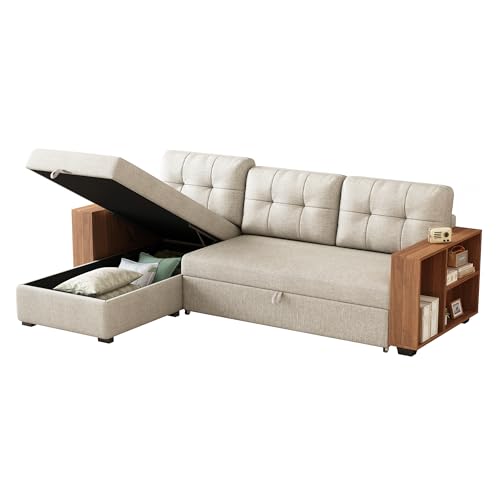 Acosure 84" Sectional Couch with Pullout Bed,L Shape Sofa Bed W/Storage Chaise and Wooden Rack,3 Movable Back Cushions,for Living Room,Office,Beige