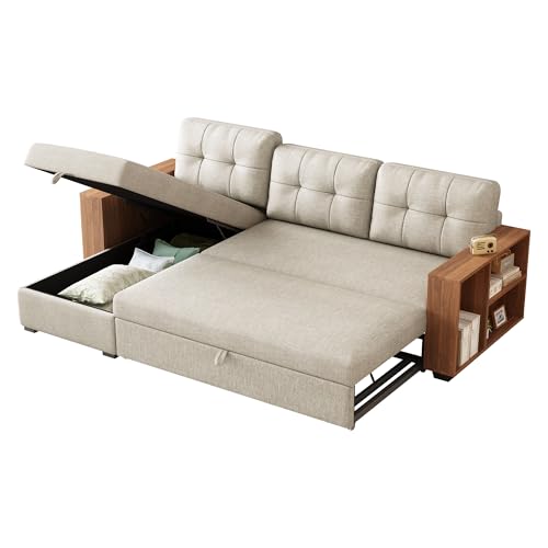 Acosure 84" Sectional Couch with Pullout Bed,L Shape Sofa Bed W/Storage Chaise and Wooden Rack,3 Movable Back Cushions,for Living Room,Office,Beige