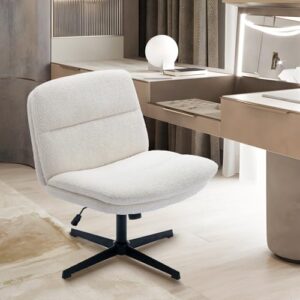 COLAMY Criss Cross Chair-Cross Legged Office Chair No Wheels, Armless Wide Office Desk Chair, Sherpa Swivel Vanity Chair with Bouble-Layer Cushion for Makeup, Small Space, Home-Cream