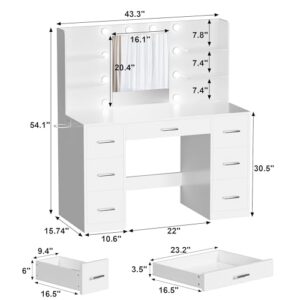 Acurax Makeup Vanity Desk with Mirror and 10 Lights, Table with 7 Drawers and 4 Open Shelves, 3 Color Modes and Adjustable Brightness, Charging Station for Bedroom, White