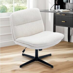 colamy criss cross chair-cross legged office chair no wheels, armless wide office desk chair, sherpa swivel vanity chair with bouble-layer cushion for makeup, small space, home-cream