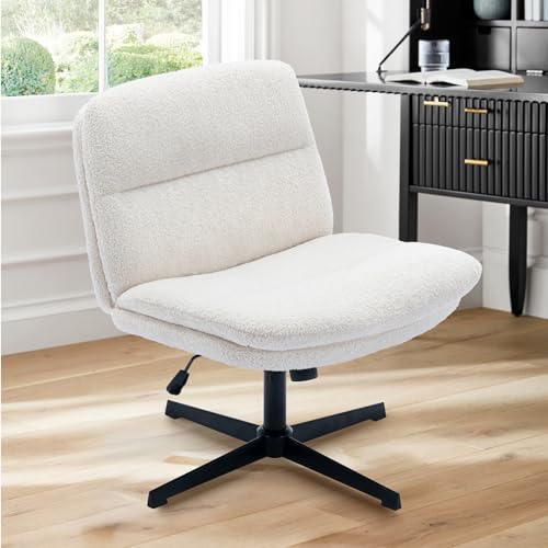 COLAMY Criss Cross Chair-Cross Legged Office Chair No Wheels, Armless Wide Office Desk Chair, Sherpa Swivel Vanity Chair with Bouble-Layer Cushion for Makeup, Small Space, Home-Cream