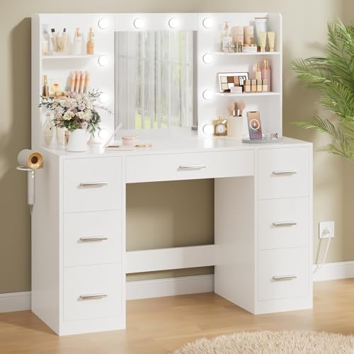 Acurax Makeup Vanity Desk with Mirror and 10 Lights, Table with 7 Drawers and 4 Open Shelves, 3 Color Modes and Adjustable Brightness, Charging Station for Bedroom, White