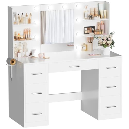 Acurax Makeup Vanity Desk with Mirror and 10 Lights, Table with 7 Drawers and 4 Open Shelves, 3 Color Modes and Adjustable Brightness, Charging Station for Bedroom, White